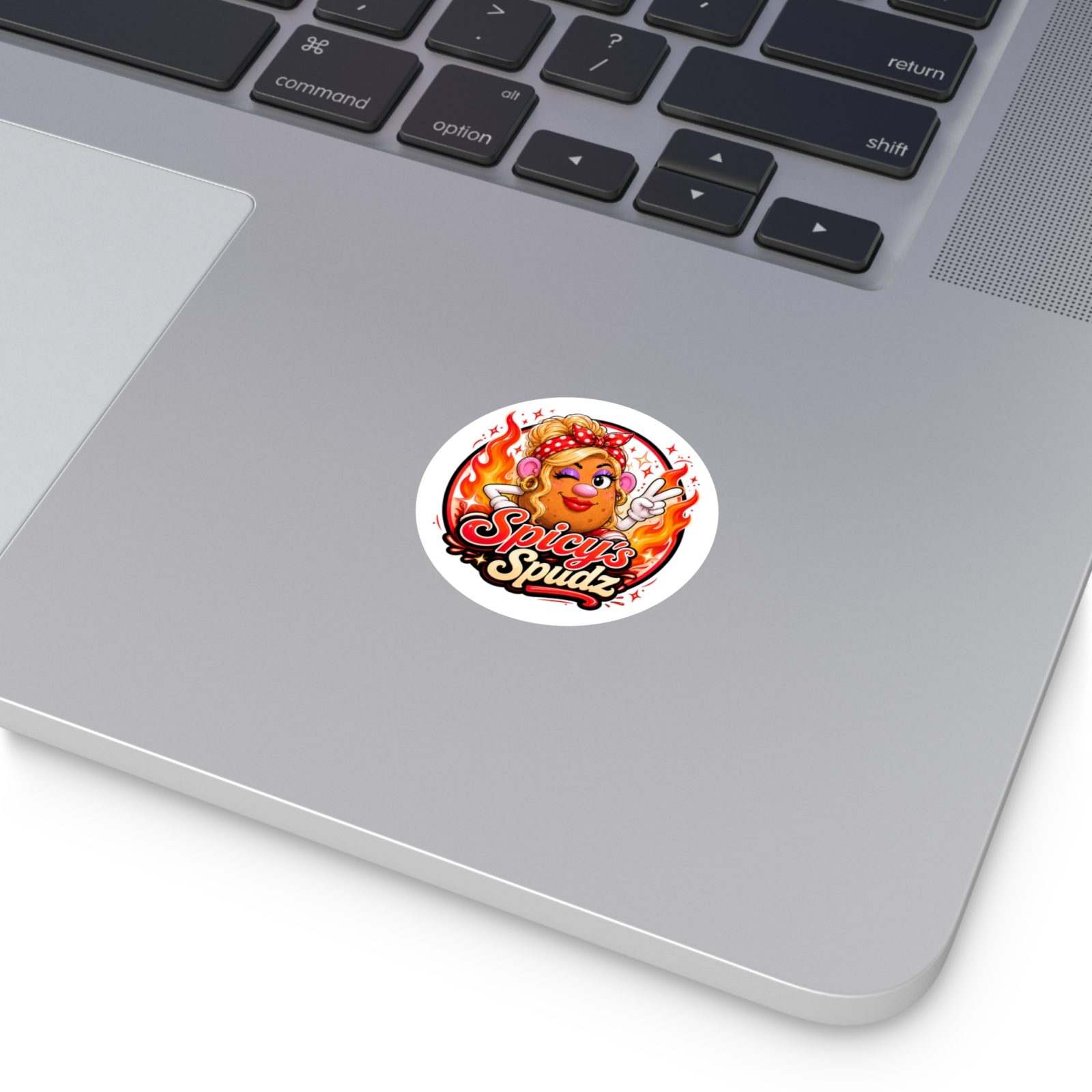 Spicy's Spudz Round Vinyl Sticker — Retro Pin-Up Hot Potato Design - Image 3