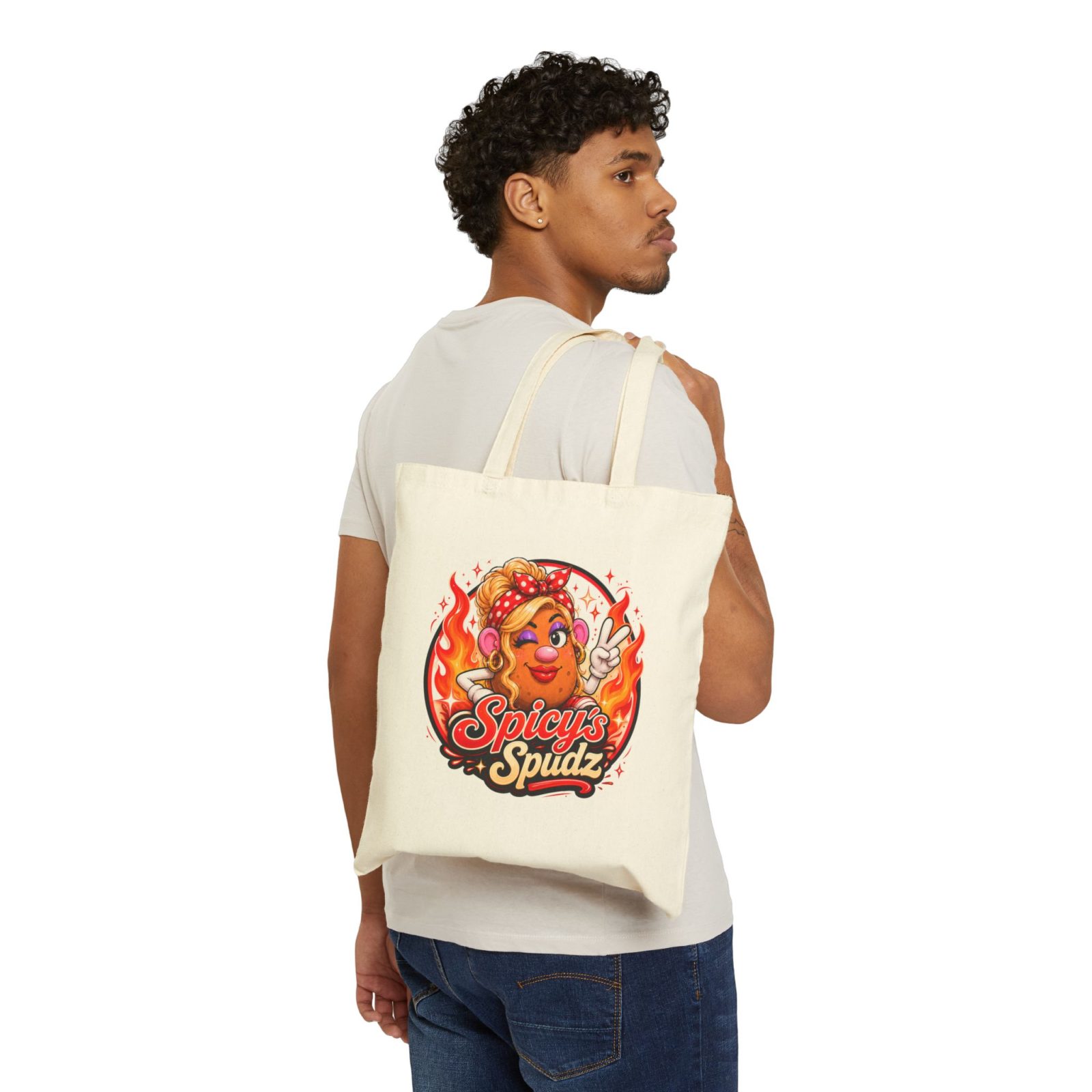 Tote Bag — "Spicy's Spudz" Cute Fiery Potato Graphic Tote for Grocery, Gifts & Everyday Use