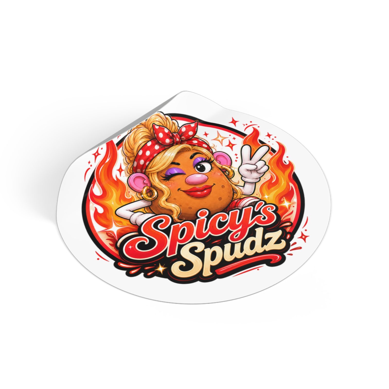 Spicy's Spudz Round Vinyl Sticker — Retro Pin-Up Hot Potato Design - Image 2