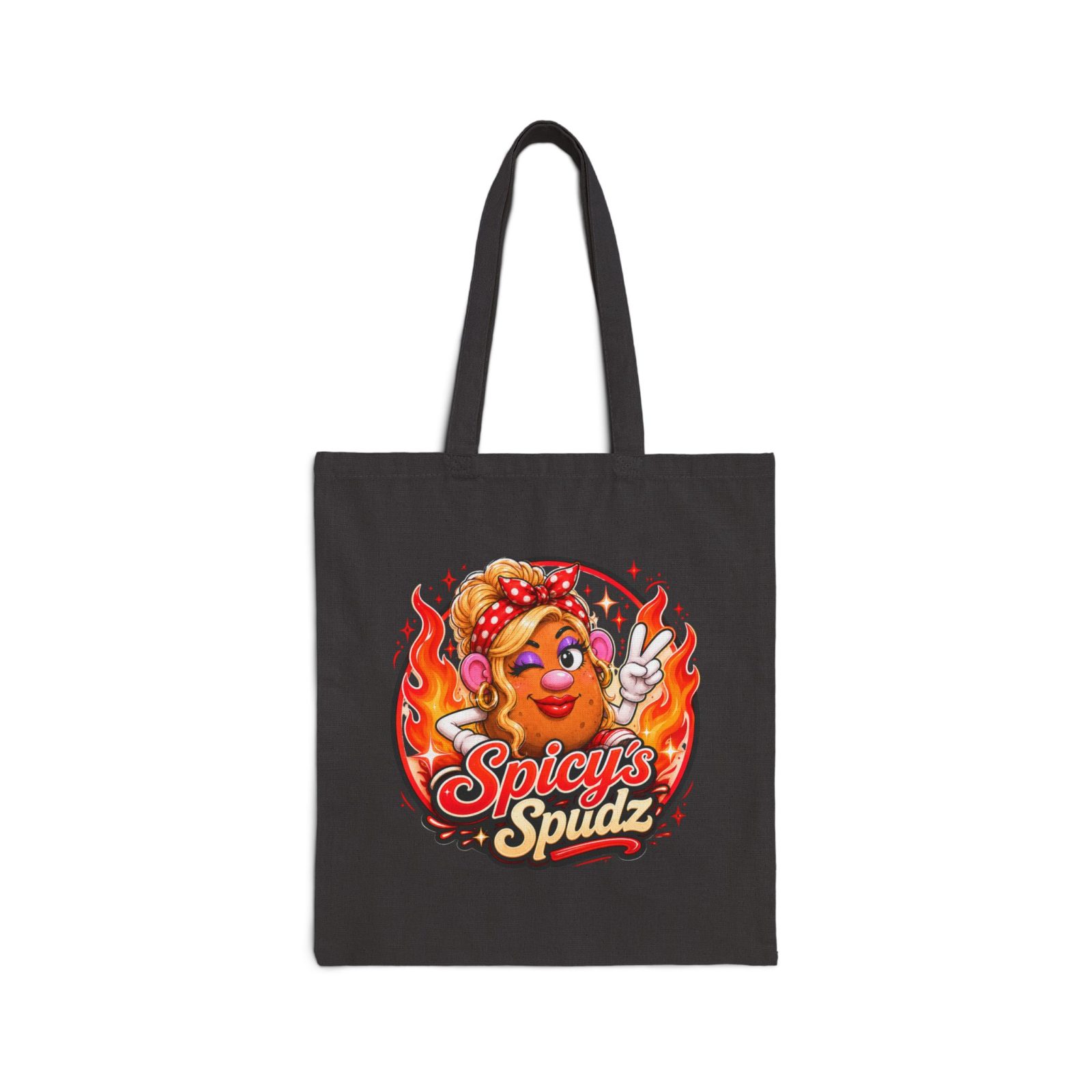 Tote Bag — "Spicy's Spudz" Cute Fiery Potato Graphic Tote for Grocery, Gifts & Everyday Use - Image 3
