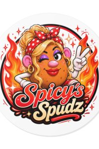 Spicy's Spudz Round Vinyl Sticker — Retro Pin-Up Hot Potato Design