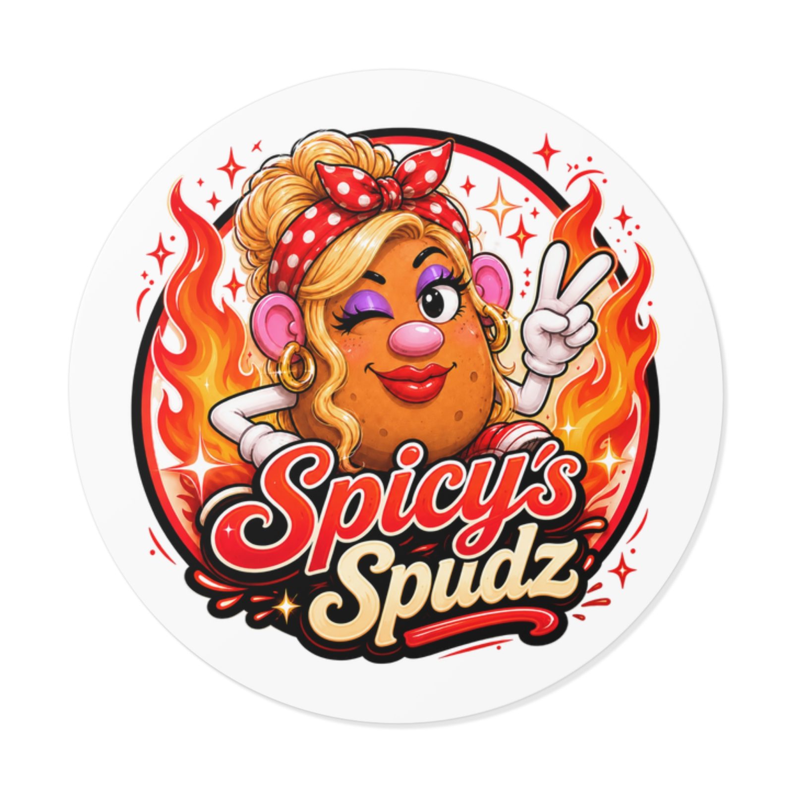 Spicy's Spudz Round Vinyl Sticker — Retro Pin-Up Hot Potato Design