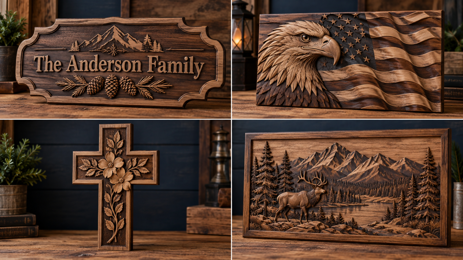 Examples of custom wood projects possible with a Onefinity CNC, including personalized, patriotic, faith-inspired, and wildlife designs